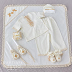 Handmade Ivory Linen Baptism Set – 6-Piece Baby Outfit with Blanket, Booties & Candles