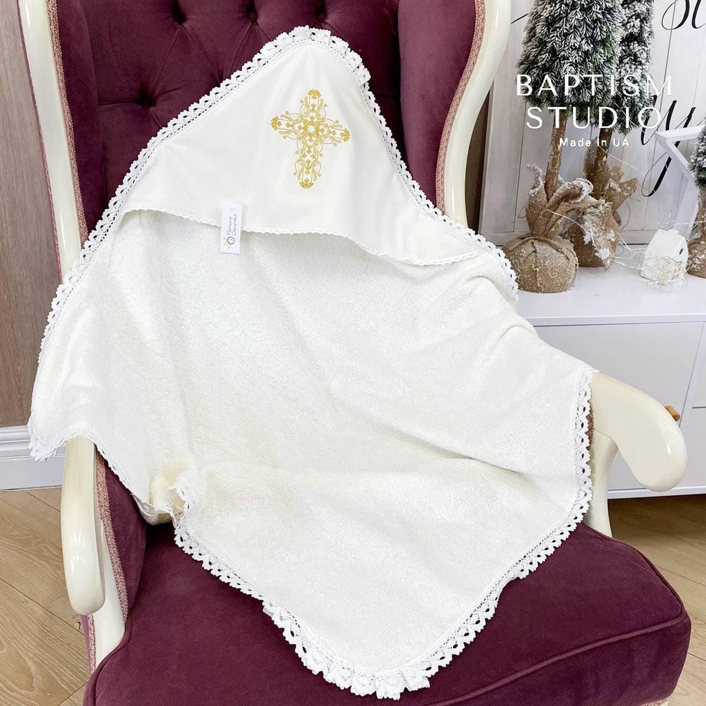 Christening Towel with Hood – Soft Cotton Baptism Blanket, Absorbent Terry Cloth, Personalized Baby Baptism Gift