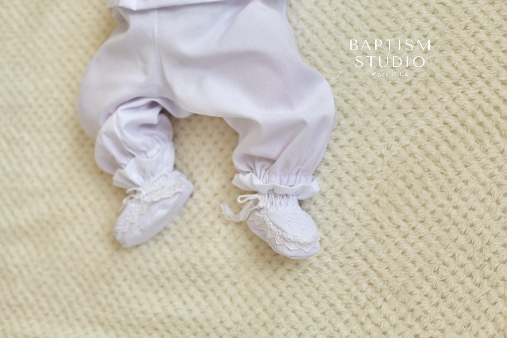 White Linen Baby Baptism Outfit with White Embroidery | Christening Set