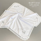 Linen Baptism Blanket with Angel Embroidery and Lace Trim