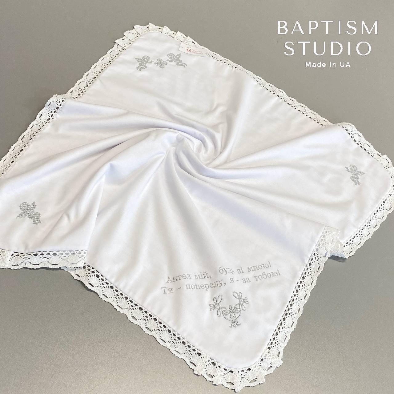 Linen Baptism Blanket with Angel Embroidery and Lace Trim
