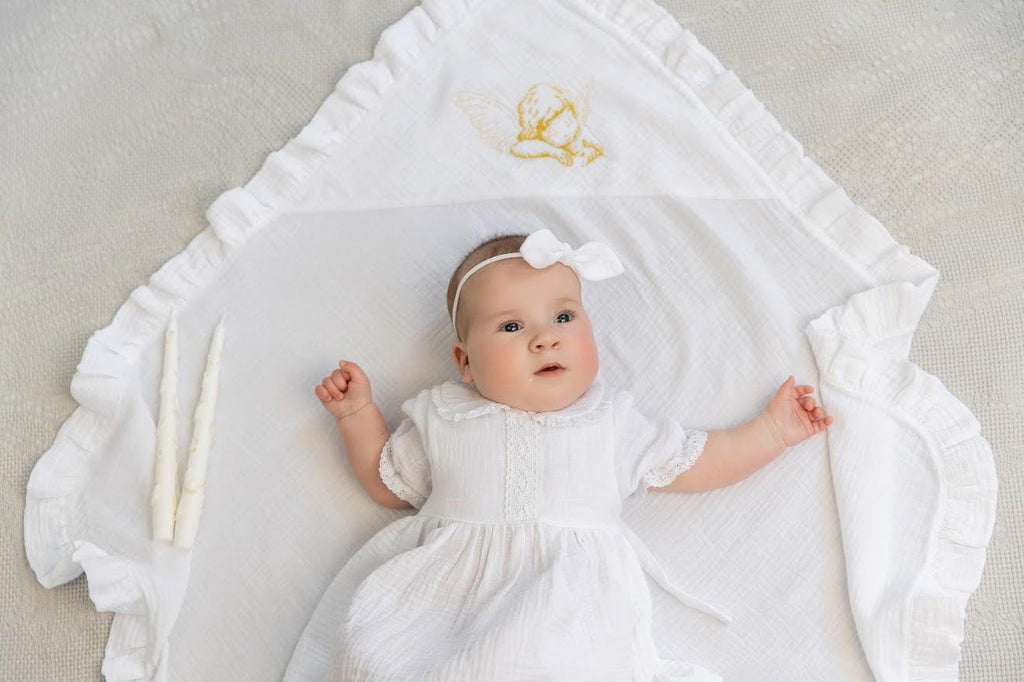 Muslin Baptism Set for Baby Girl – Dress, Blanket (80x80 cm), Booties, Headband & Candles – Personalized Christening Outfit