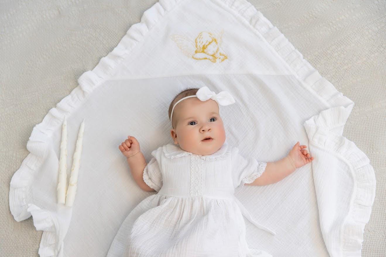 Muslin Baptism Set for Baby Girl – Dress, Blanket (80x80 cm), Booties, Headband & Candles – Personalized Christening Outfit