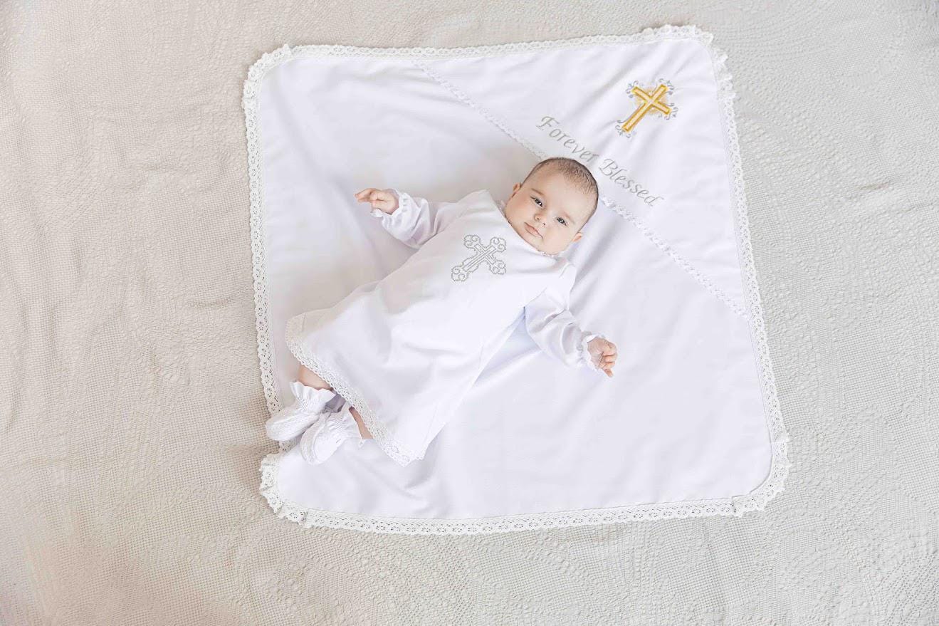 Personalized Baby Baptism Linen Gown & Blanket – Custom Christening Outfit with Embroidery
