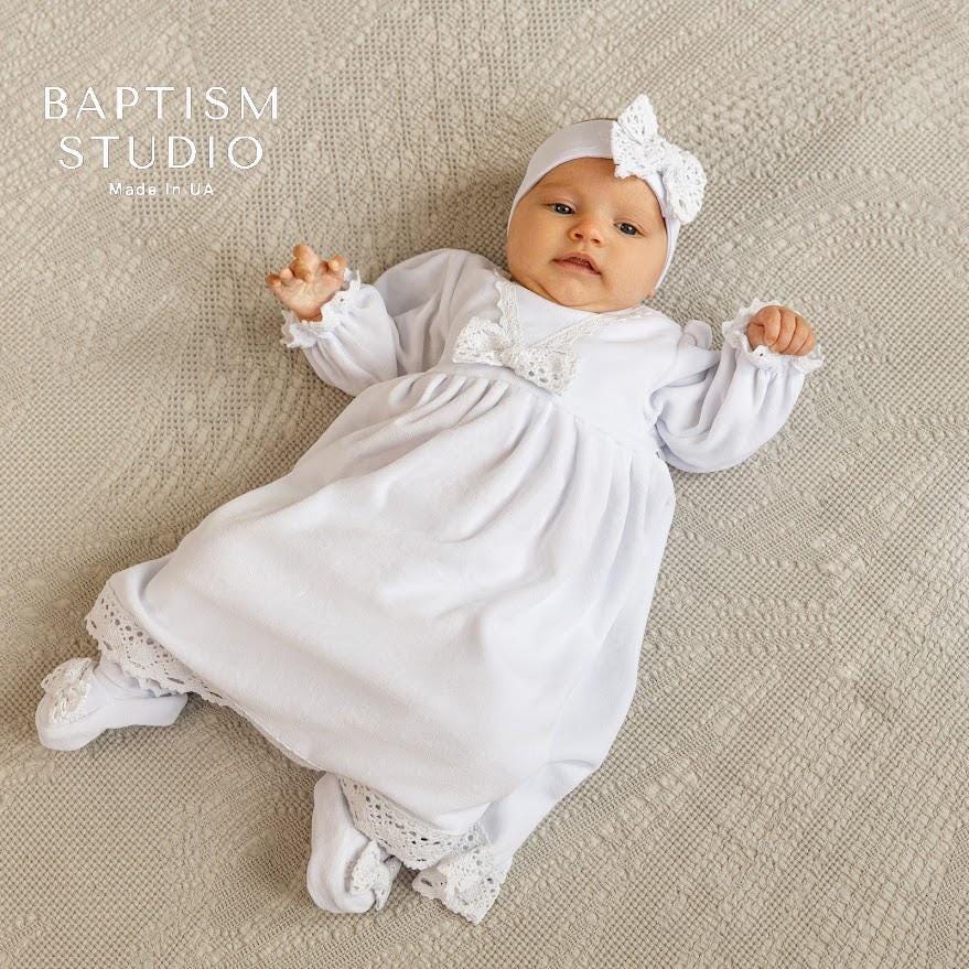 Luxury Baby Baptism Dress  Set – White Baby Girl Christening Gown with Lace – Newborn Baptism Outfit