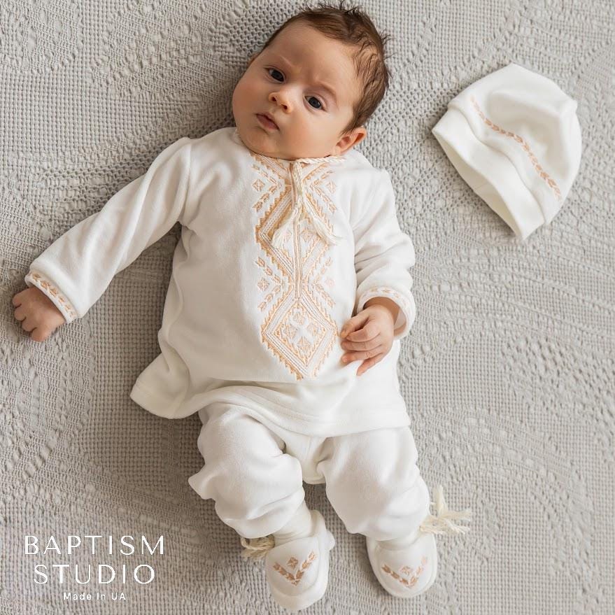 Baby Boy Christening Set – Ivory Velour Outfit with Embroidery & Linen Blanket
