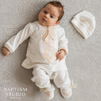 Baby Boy Christening Set – Ivory Velour Outfit with Embroidery & Linen Blanket