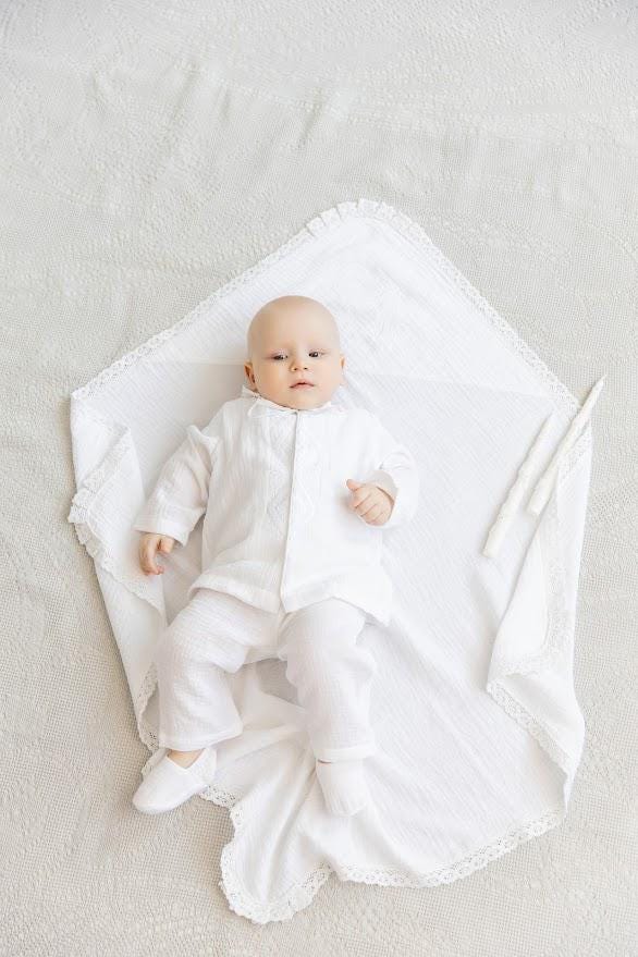 Baby Boy Baptism Outfit – White Muslin Christening Set with Shirt & Pants, White Embroidery