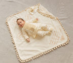 Linen Baptism Set with Plush Blanket & Baby Outfit – Pom-Pom Trim