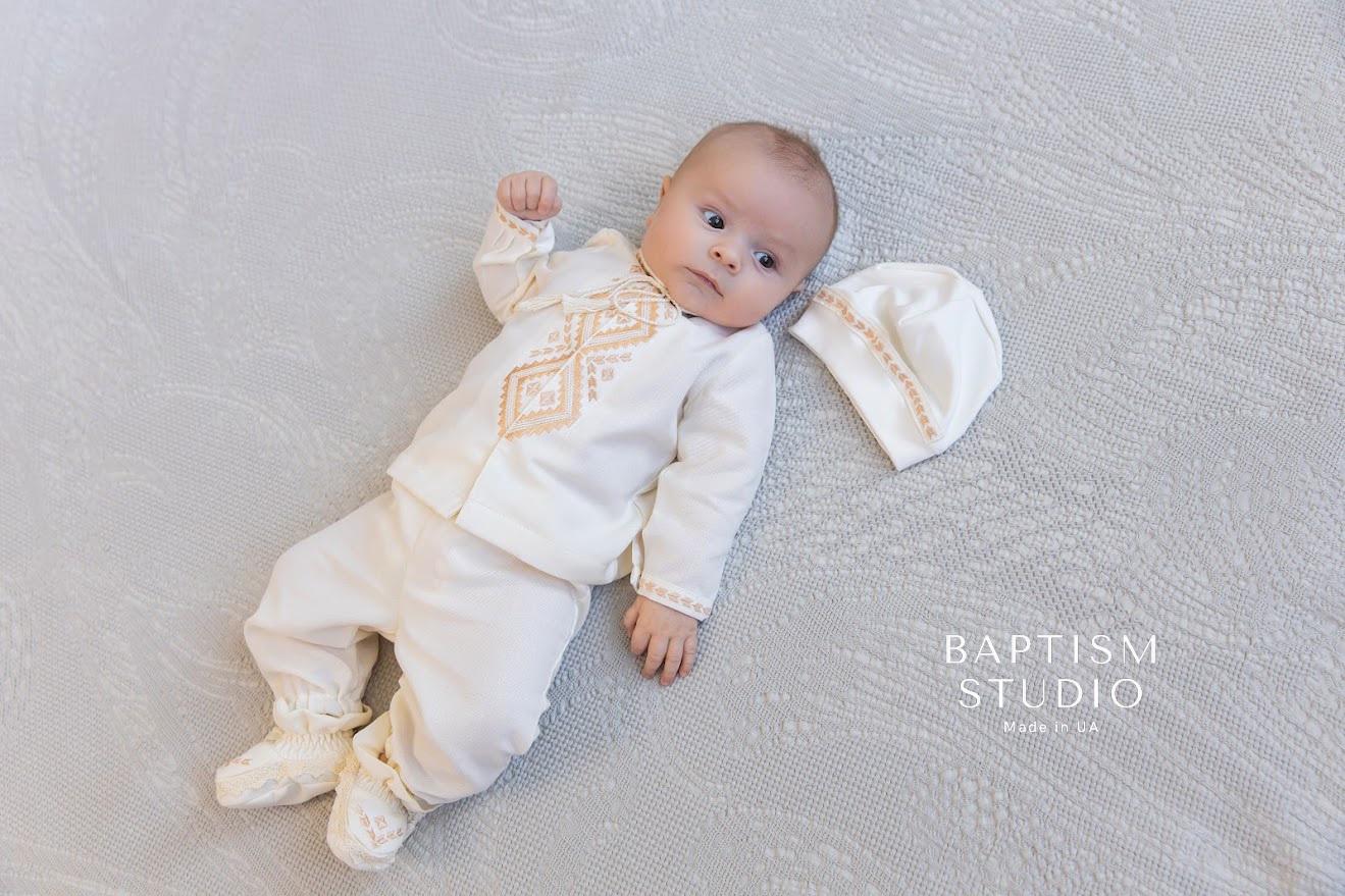 Boys' Baptism Outfit  – Ivory with Beige Embroidery (Shirt, Pants, Booties, Hat), Christening Gown BoyBoys Baptism Gown