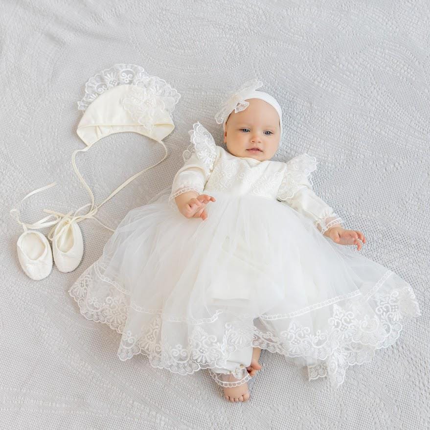 Luxury Christening Set for Baby Girl — Personalized Baptism Blanket, Linen Dress + Free Godmother Shawl