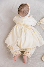 Linen Baby Baptism Outfit Set with Natural Lace – Dress, Bonnet, Headband, Pants & Booties