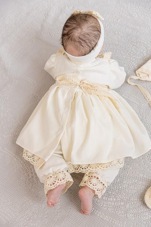 Linen Baby Baptism Outfit Set with Natural Lace – Dress, Bonnet, Headband, Pants & Booties