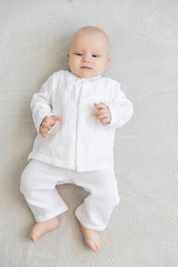 Baby Boy Baptism Outfit – White Muslin Christening Set with Shirt & Pants, White Embroidery