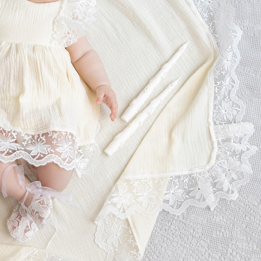Ivory Muslin Summer Baptism Set for Baby Girl with Luxurious Lace