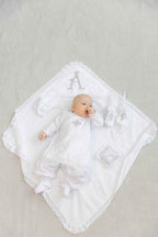 Baby Boy Christening Set – Linen Outfit, Hooded Towel, Candles & Cross Pillow