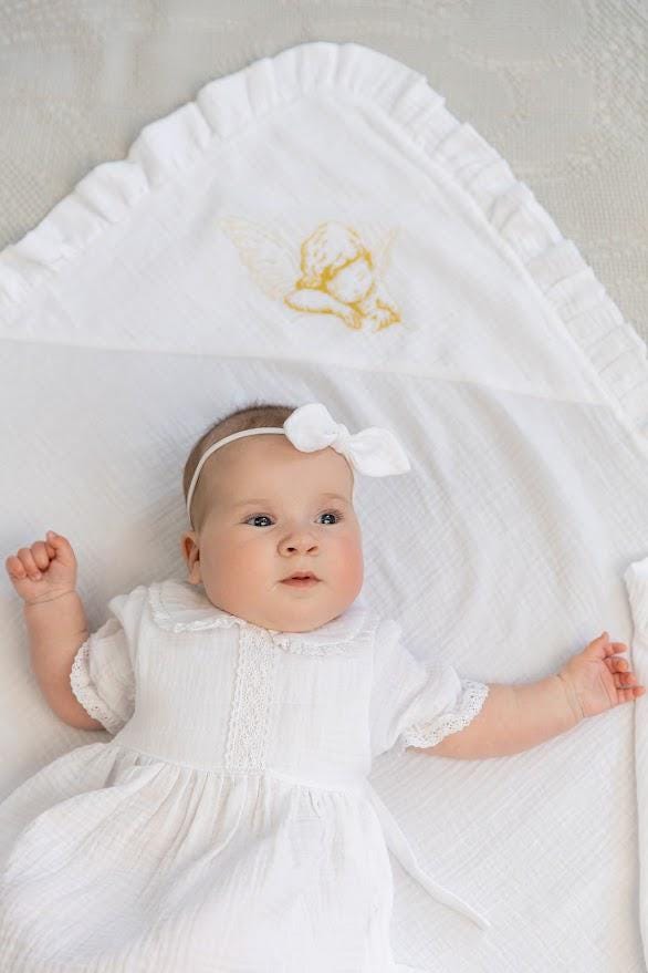 Muslin Baptism Set for Baby Girl – Dress, Blanket (80x80 cm), Booties, Headband & Candles – Personalized Christening Outfit