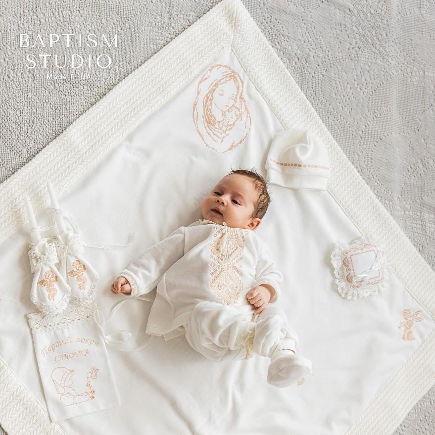 Baby Boy Christening Set – Ivory Velour Outfit with Embroidery & Linen Blanket