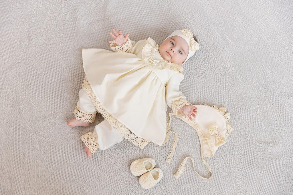 Handmade christening set with dress, pants, headband, and booties