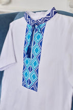 Boys Linen Ukrainian Embroidered Shirt • Blue Geometric Embroidery Vyshyvanka