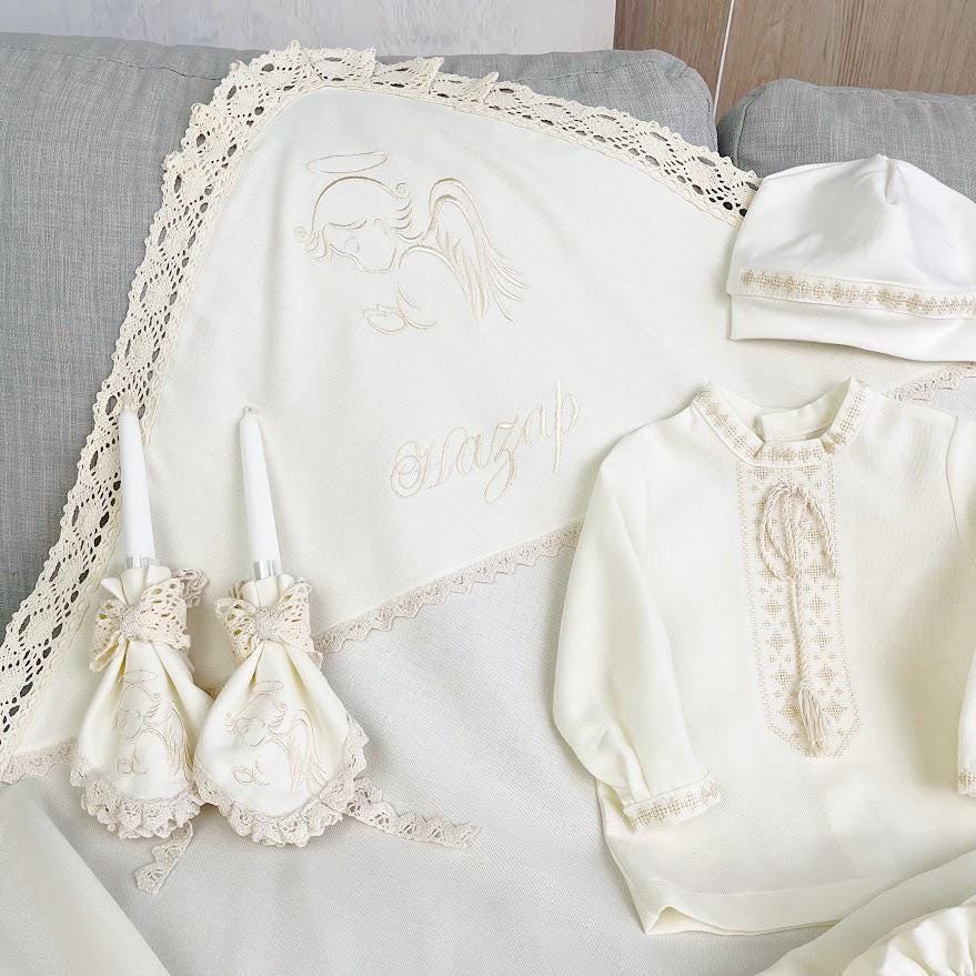 Linen Baptism Set for Baby – Christening Outfit with Blanket, Booties, Hat & Candles | Personalized Christening Gift