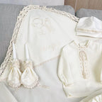Linen Baptism Set for Baby – Christening Outfit with Blanket, Booties, Hat & Candles | Personalized Christening Gift