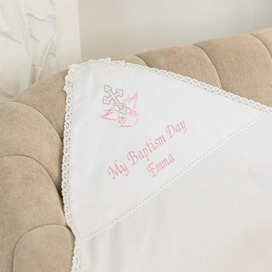Personalized Linen Baptism Blanket – Lace Christening Shawl with Custom Embroidery