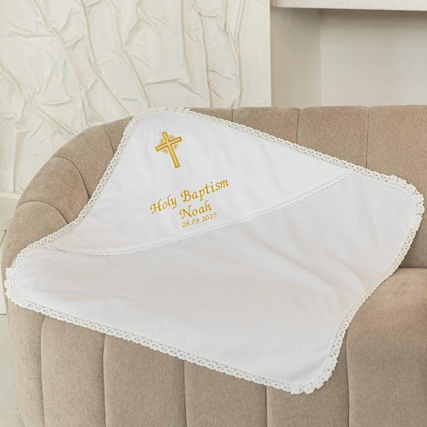 Personalized Linen Baptism Cloth – Embroidered Christening Shawl – Custom Baby Blanket