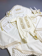 Ivory Personalized Baby Boy Baptism Set – Velvet Romper, Angel Wings Blanket, Candle Decor & Keepsake Pouch – Christening Gift with Name