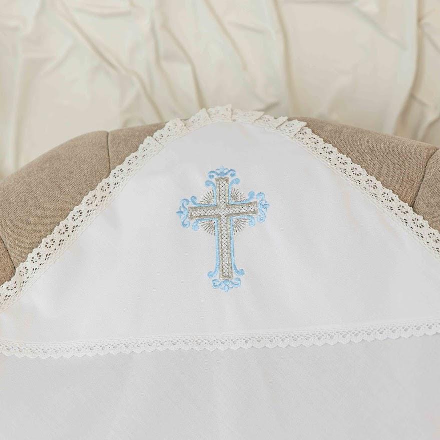 Personalized Linen Baptism Cloth – Embroidered Christening Shawl – Custom Baby Blanket