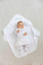 Baby Christening Set – Linen Baptism Outfit with Gown, Pants, Blanket, Bonnet & Booties | Natural White