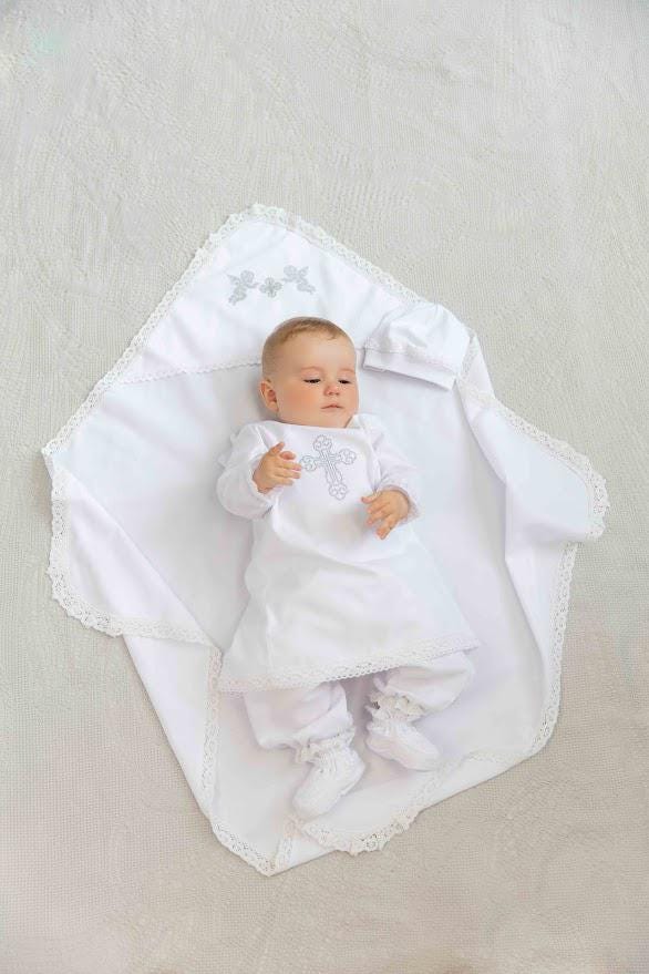 Baby Christening Set – Linen Baptism Outfit with Gown, Pants, Blanket, Bonnet & Booties | Natural White