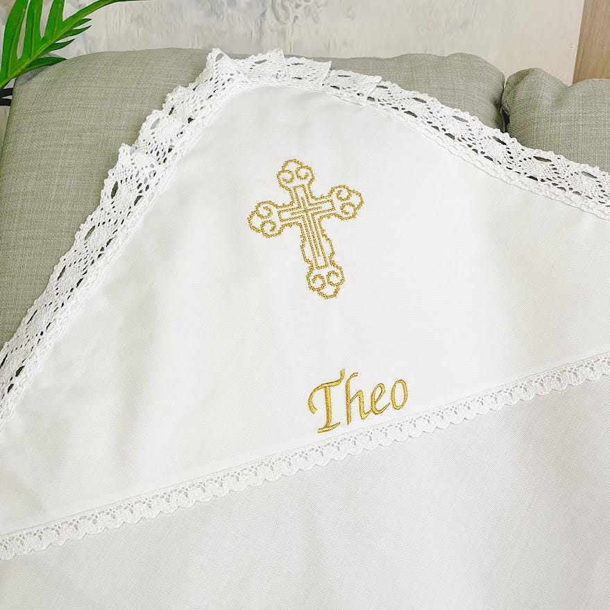 Baptism Blanket with Embroidered Cross | Christening Gift for Baby | Soft Linen Keepsake