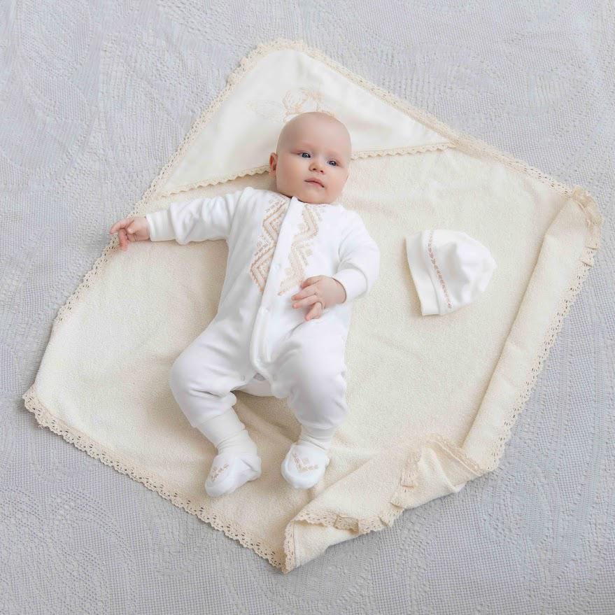 Luxury Baby Christening Set – Velour Romper & Hat + Hooded Baptism Towel