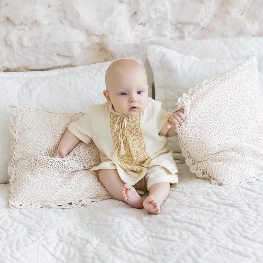 Ivory Muslin Summer Baptism Outfit for Baby Boy