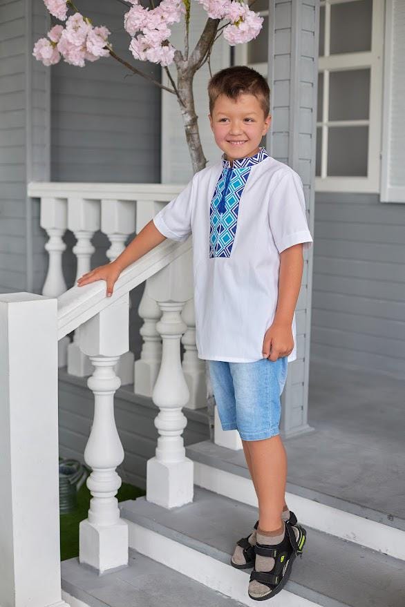 Boys Linen Ukrainian Embroidered Shirt • Blue Geometric Embroidery Vyshyvanka