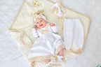 Ivory linen baby girl christening dress with lace trim