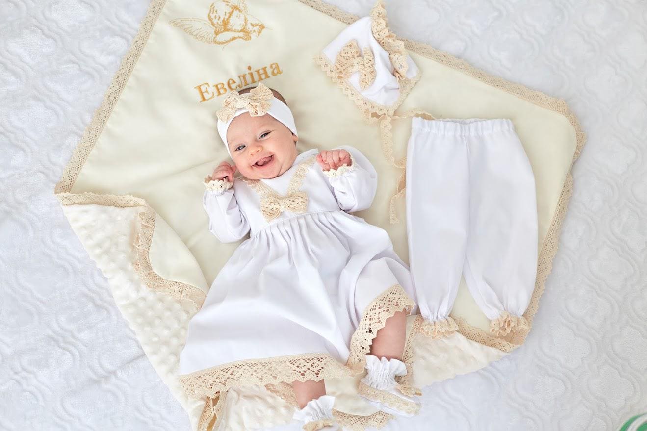 Ivory linen baby girl christening dress with lace trim
