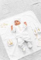 Baptism outfit boy, Linen Baby Outfit – 4-Piece Embroidered Set for Special Occasions (Shirt, Pants, Booties, Hat)