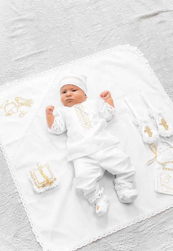 Baptism outfit boy, Linen Baby Outfit – 4-Piece Embroidered Set for Special Occasions (Shirt, Pants, Booties, Hat)