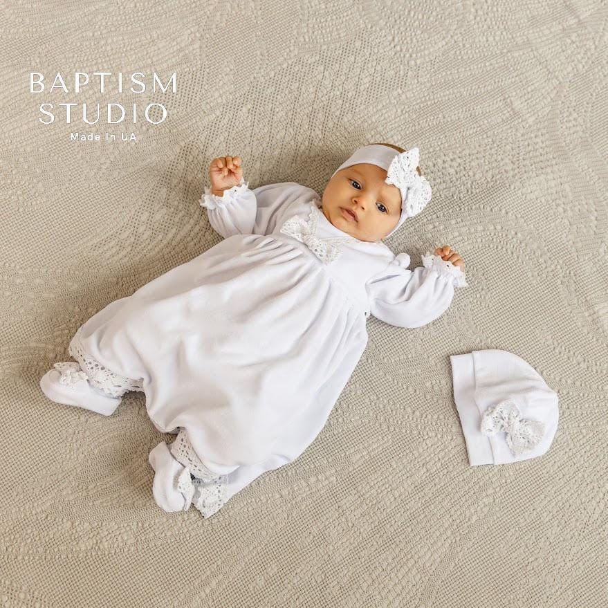 Luxury Baby Baptism Dress  Set – White Baby Girl Christening Gown with Lace – Newborn Baptism Outfit