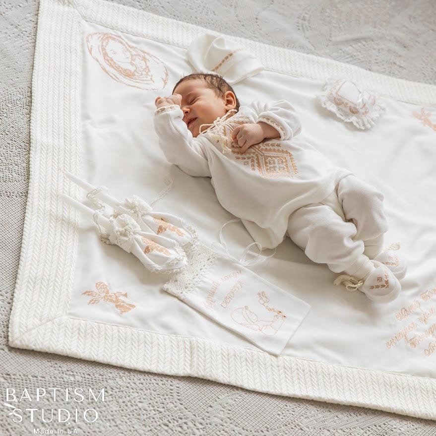 Baby Boy Christening Set – Ivory Velour Outfit with Embroidery & Linen Blanket