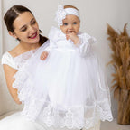Baby Girl Christening Dress with Lace & Tulle – Baptism Outfit with Headband