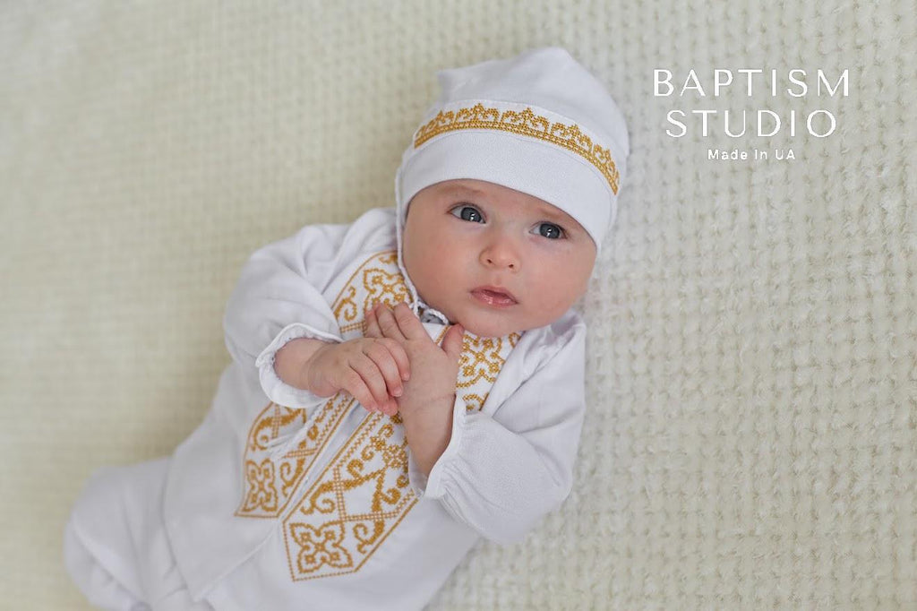 Traditional baby baptism outfit with gold embroidery