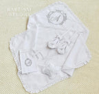 Linen christening blanket with lace edge and embroidered baby initial – personalized baptism gift.