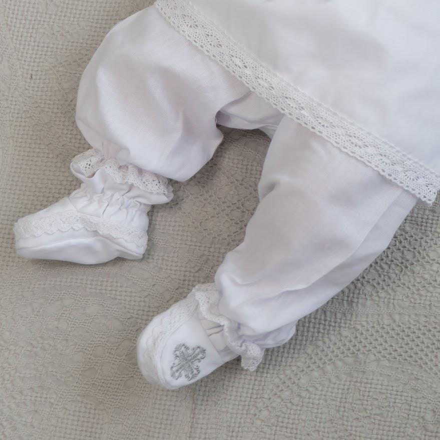 White Linen Baby Baptism Outfit with Bib | Christening Set
