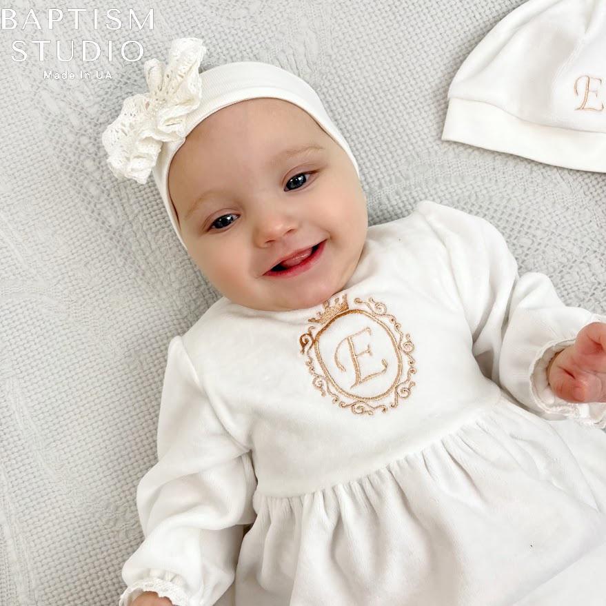 Personalized Baby Baptism Outfit Set – Ivory Velour Christening Set with Initial
