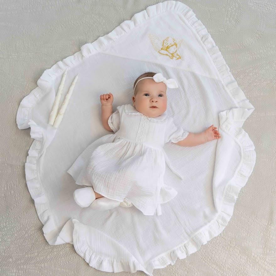 Baby Girl Baptism Set with Muslin Dress, Personalized Blanket and Candles – Christening Outfit