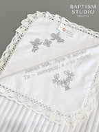 Linen Baptism Blanket with Angel Embroidery and Lace Trim