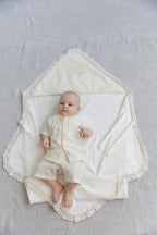Ivory Linen Baby Baptism Outfit with Hooded Towel | Christening Set with Angel Embroidery